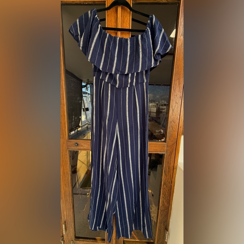 Altar’d State Off the Shoulder Jumpsuit Navy and Grey Stripes